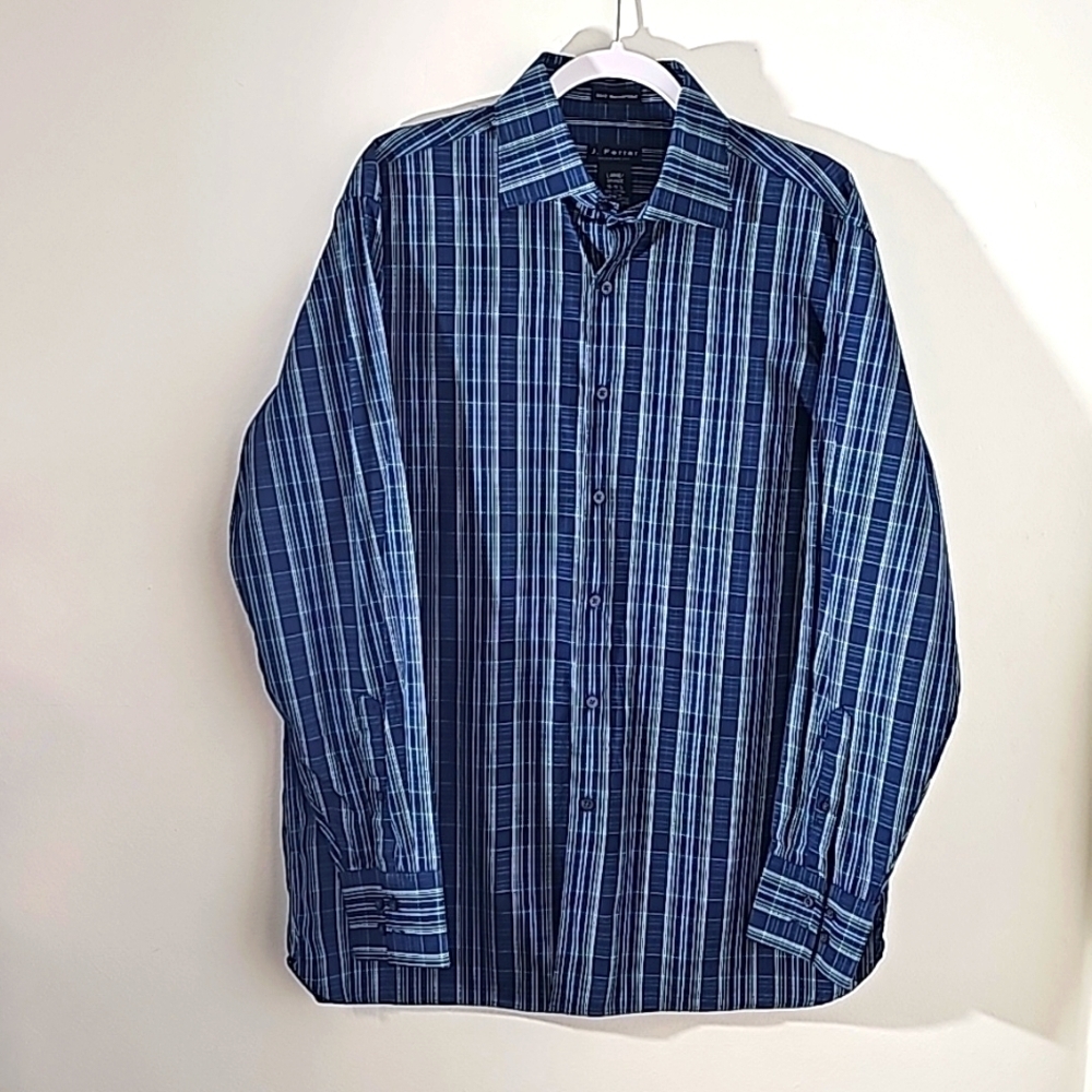 J.Ferrar modern fit. Blue and green plaid shirt. Long sleeves. 16-16.5.